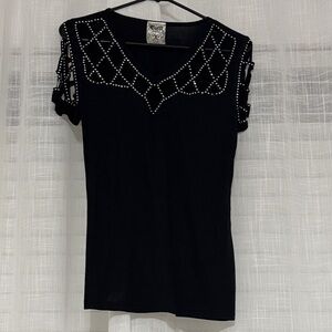 Vocal Black V Neck Studded Short Sleeve Top (NWOT)